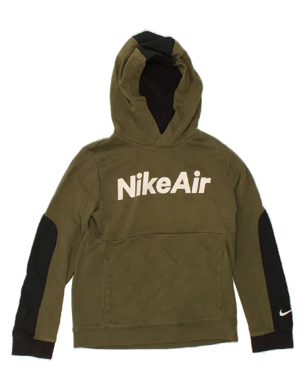 men's athletic sweatshirts -NIKE Boys Standard Fit Graphic Hoodie Jumper 12-13 Years Large Khaki