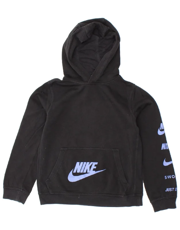 men's hoodies with quotes -NIKE Boys Swoosh Graphic Hoodie Jumper 12-13 Years Large Black Cotton