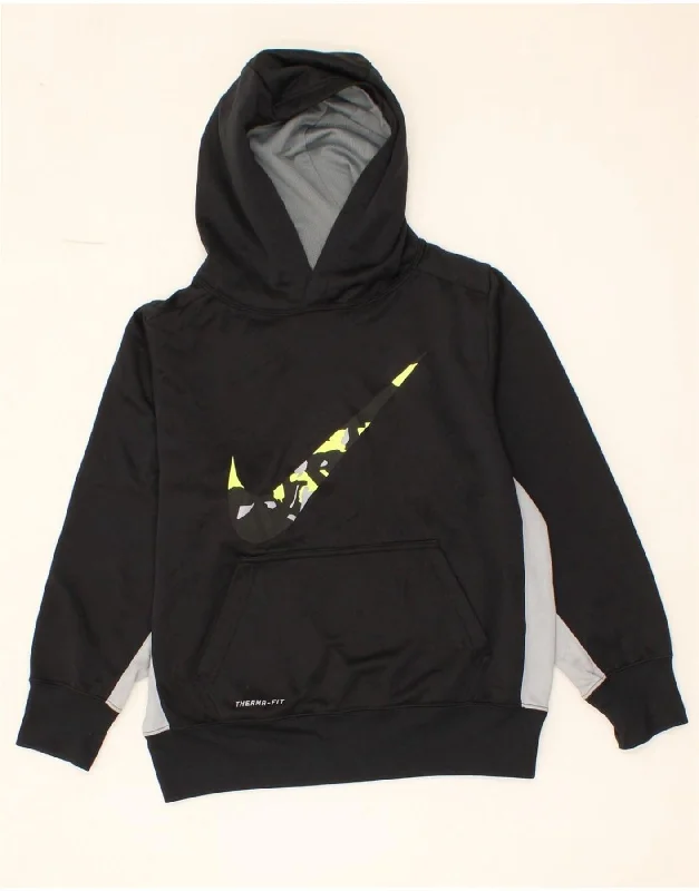 men's zip hoodie with contrast sleeves -NIKE Boys Therma-Fit Graphic Hoodie Jumper 10-11 Years Medium  Black