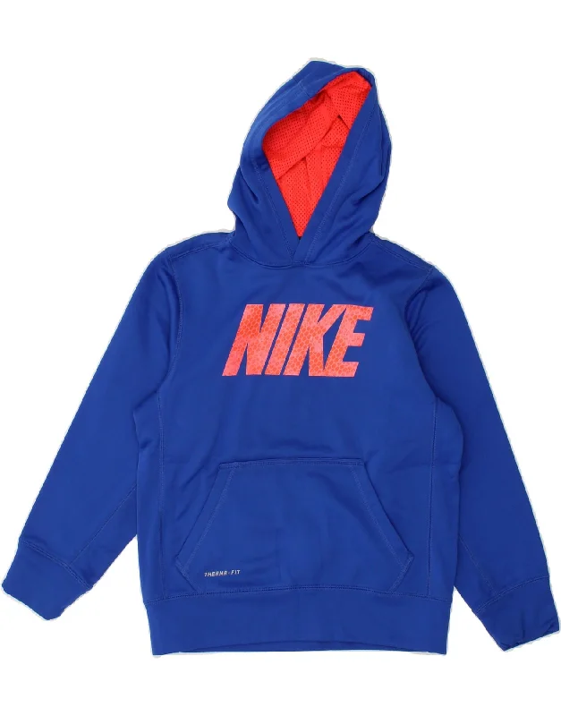 men's graphic print pullover hoodies -NIKE Boys Therma-Fit Graphic Hoodie Jumper 10-11 Years Medium Blue