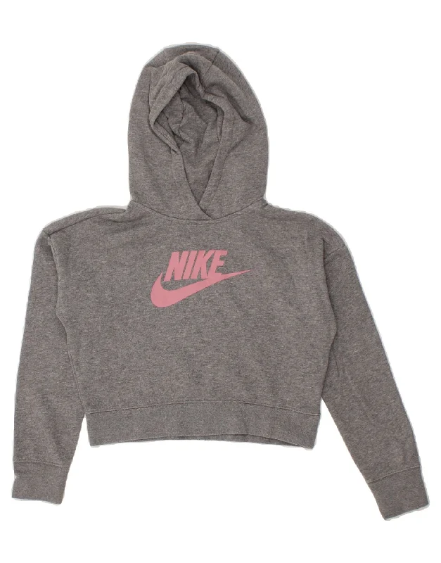 men's oversized hoodies -NIKE Girls Crop Graphic Hoodie Jumper 12-13 Years Large Grey Cotton