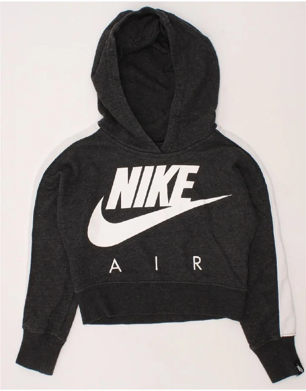 men's zip-up athletic sweatshirts -NIKE Girls Crop Graphic Hoodie Jumper 6-7 Years XS Grey Colourblock Cotton