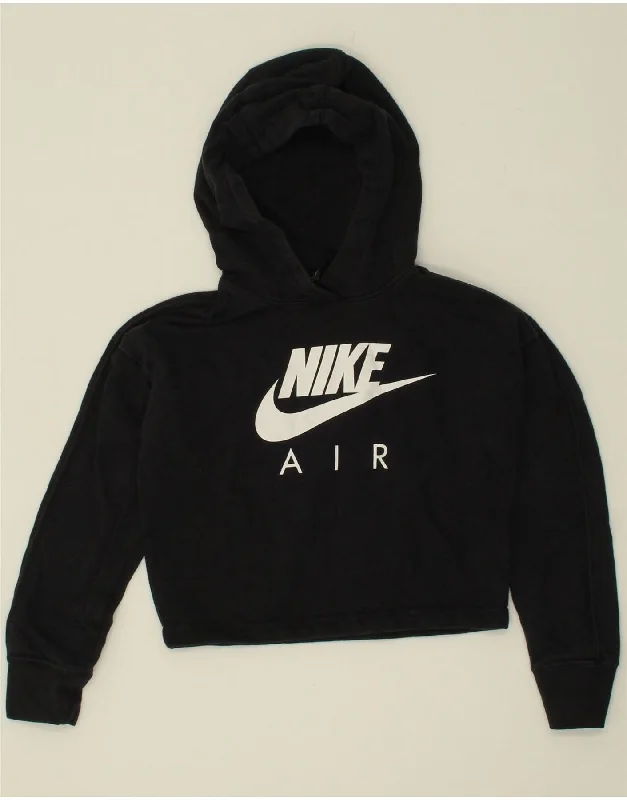 men's workout sweatshirts -NIKE Girls Graphic Crop Hoodie Jumper 10-11 Years Medium Black Cotton