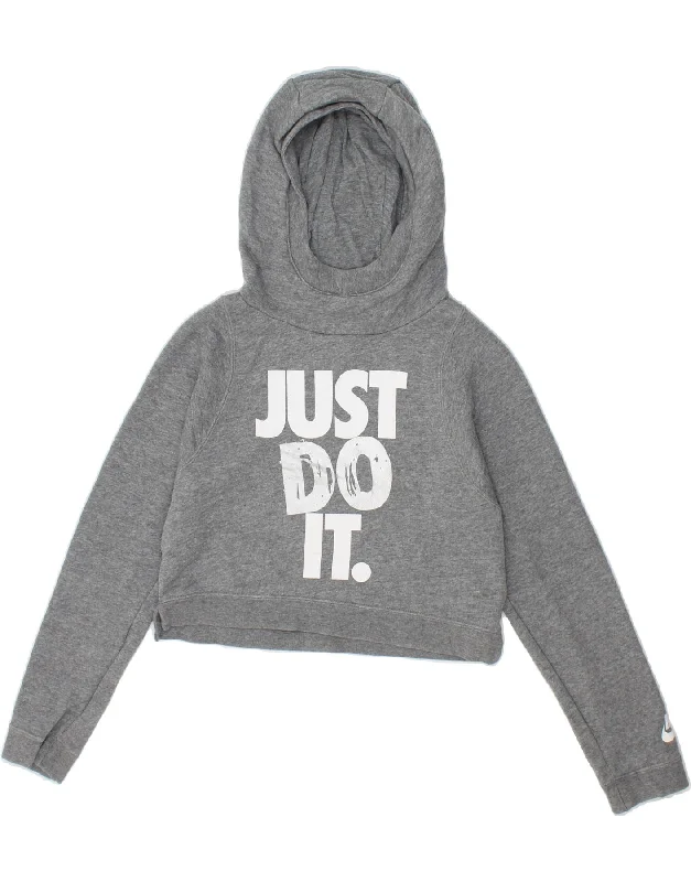 men's stylish zip-up hoodies -NIKE Girls Graphic Crop Hoodie Jumper 12-13 Years Large Grey Cotton