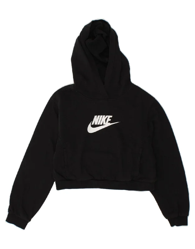 men's winter pullover sweatshirts -NIKE Girls Graphic Crop Hoodie Jumper 13-14 Years XL Black Cotton