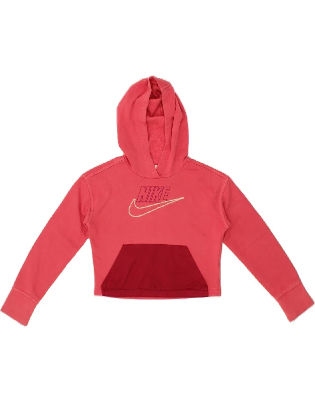 men's heavy fleece sweatshirts -NIKE Girls Graphic Hoodie Jumper 10-11 Years Medium  Pink Colourblock