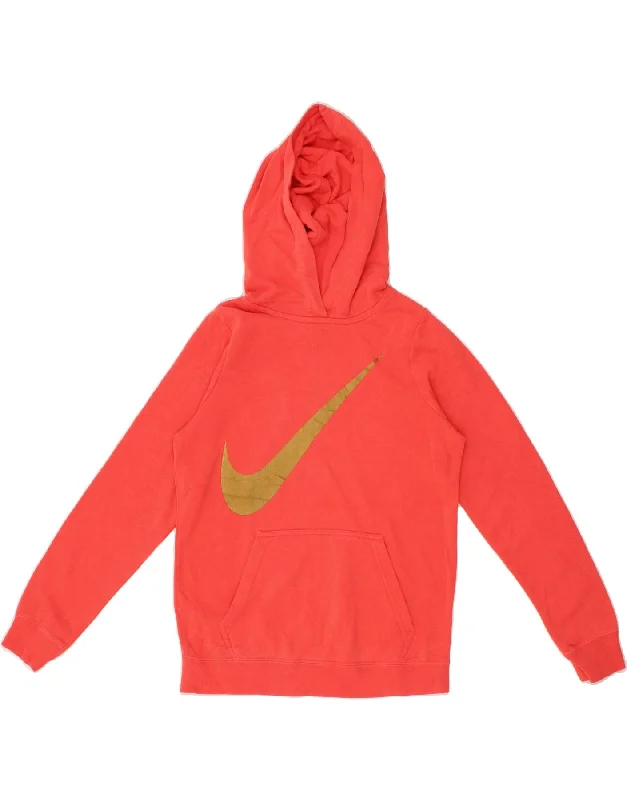 men's zip hoodie with contrast sleeves -NIKE Girls Graphic Hoodie Jumper 12-13 Years Large  Red Cotton