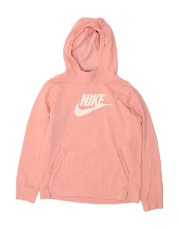 men's casual fleece hoodies -NIKE Girls Graphic Hoodie Jumper 13-14 Years XL Pink Cotton