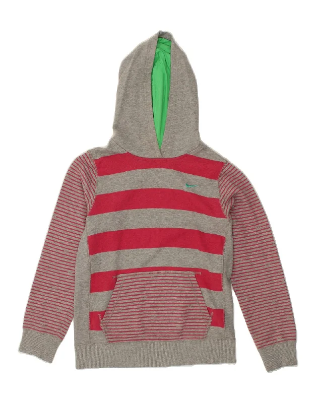 men's printed graphic hoodies -NIKE Girls Hoodie Jumper 12-13 Years Large Grey Striped Cotton