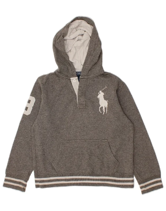 casual hoodies for men -POLO RALPH LAUREN Boys Button Neck Hoodie Jumper 10-11 Years Medium Grey