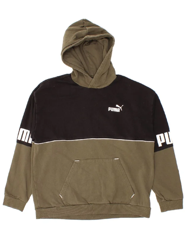 men's sweatshirts with designs -PUMA Boys Graphic Hoodie Jumper 13-14 Years  Khaki Colourblock Cotton