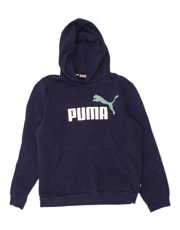 men's zip-up hoodies -PUMA Boys Graphic Hoodie Jumper 13-14 Years XL Navy Blue Cotton