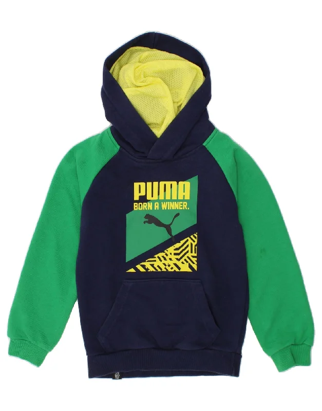 men's fashion hoodies for winter -PUMA Boys Graphic Hoodie Jumper 4-5 Years Navy Blue Colourblock Cotton