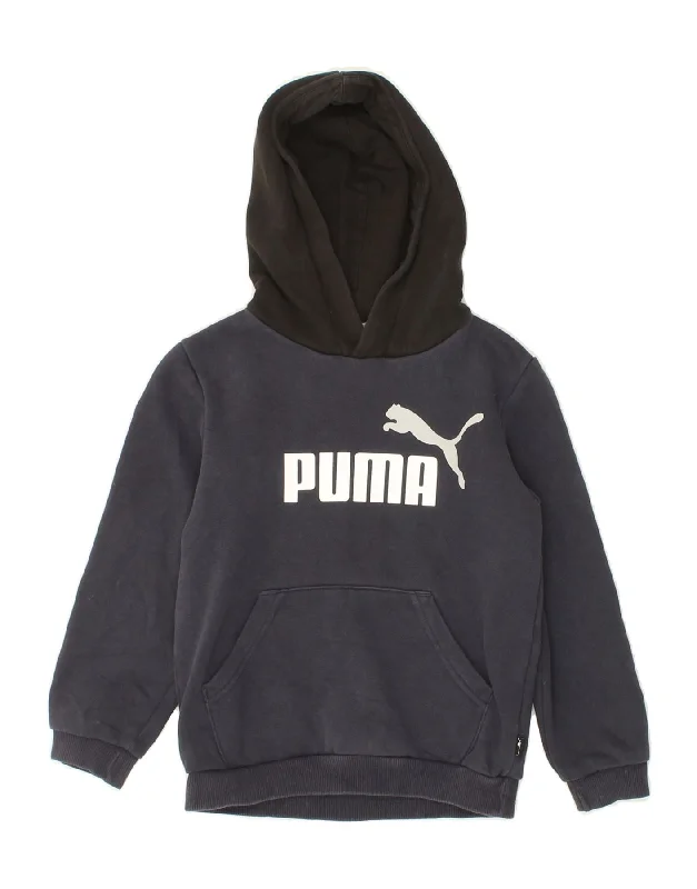 men's graphic hoodies -PUMA Boys Graphic Hoodie Jumper 7-8 Years Navy Blue Colourblock Cotton