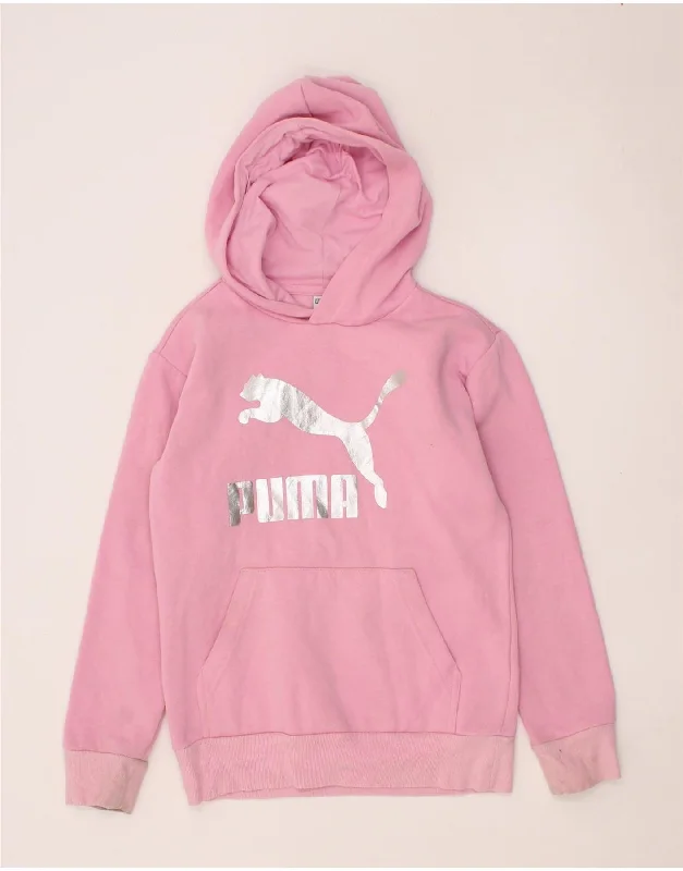 men's performance hoodies -PUMA Girls Graphic Hoodie Jumper 10-11 Years Medium Pink Cotton