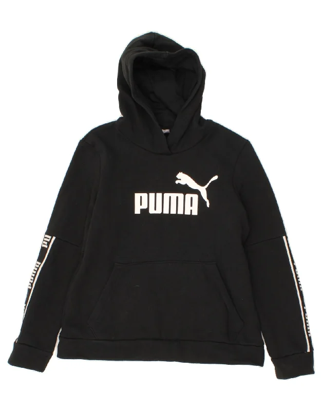 men's performance hoodies -PUMA Girls Graphic Hoodie Jumper 11-12 Years Large Black Cotton