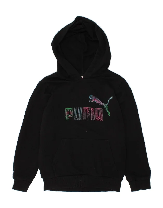 men's zip hoodie with contrast sleeves -PUMA Girls Graphic Hoodie Jumper 7-8 Years Small  Black