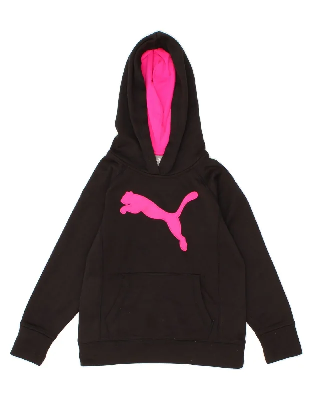 men's hoodie with zip pockets -PUMA Girls Graphic Hoodie Jumper 9-10 Years Medium Black Colourblock