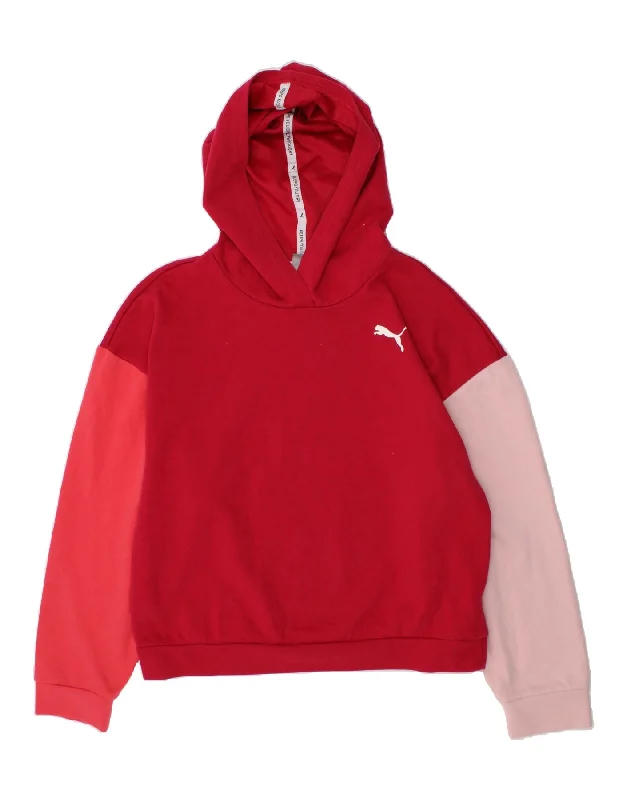 men's zip-up athletic sweatshirts -PUMA Girls Hoodie Jumper 13-14 Years Red Colourblock Cotton