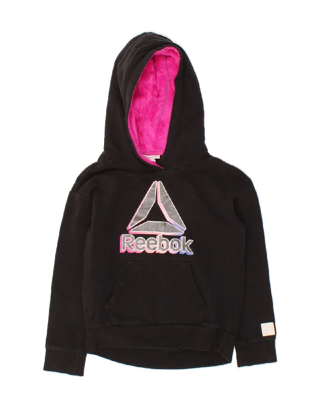 men's printed hoodies for winter -REEBOK Girls Graphic Hoodie Jumper 7-8 Years Medium  Black Cotton