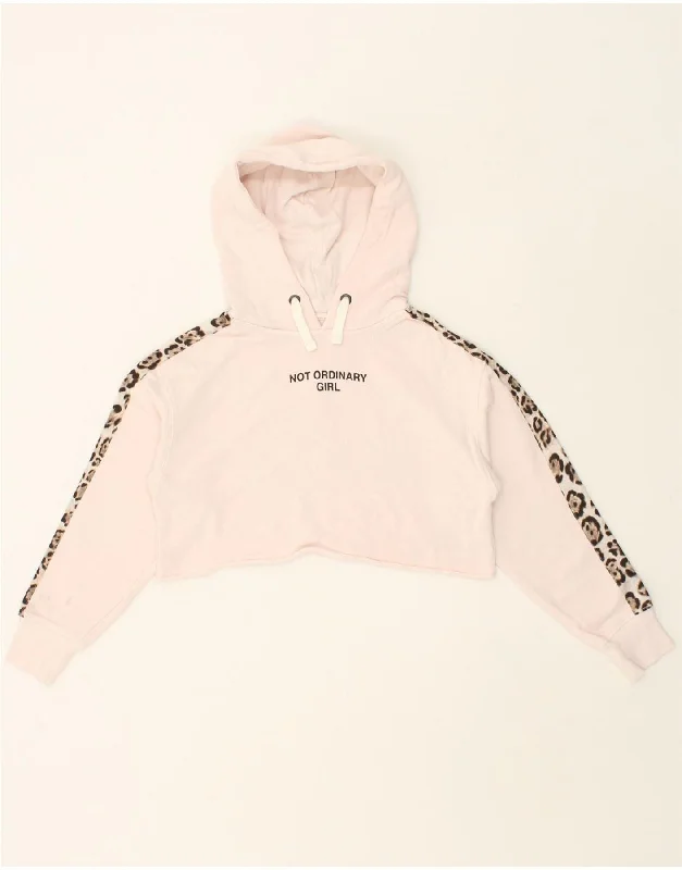 men's hoodie for cold weather -REPLAY Girls Crop Graphic Hoodie Jumper 9-10 Years Pink Animal Print