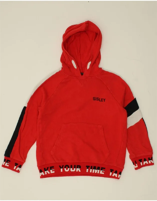 men's cotton blend hoodies -SISLEY Boys Graphic Hoodie Jumper 7-8 Years Medium Red Colourblock Cotton