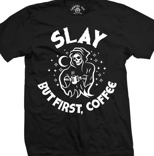 men's lightweight summer t-shirts -Slay but First, Coffee Mens T-Shirt