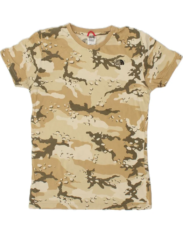 men's custom graphic t-shirts -THE NORTH FACE Boys T-Shirt Top 14-15 Years XL  Beige Camouflage Cotton