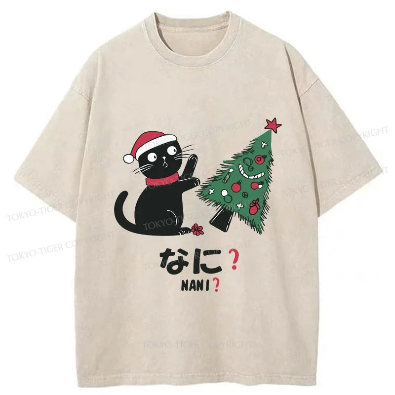 men's eco-friendly t-shirts -Tokyo-Tiger Black Cat Knocking Over Christmas Tree Washed T-Shirt