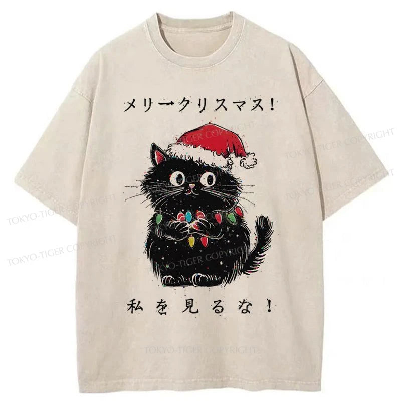 men's stylish casual t-shirts -Tokyo-Tiger Black Cat Merry Fluffmas Washed T-Shirt