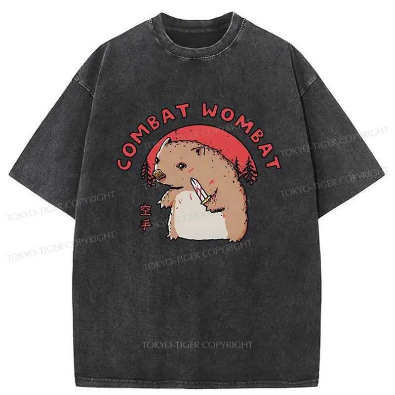 men's graphic print t-shirts -Tokyo-Tiger Combat Wombat Japan Washed T-Shirt