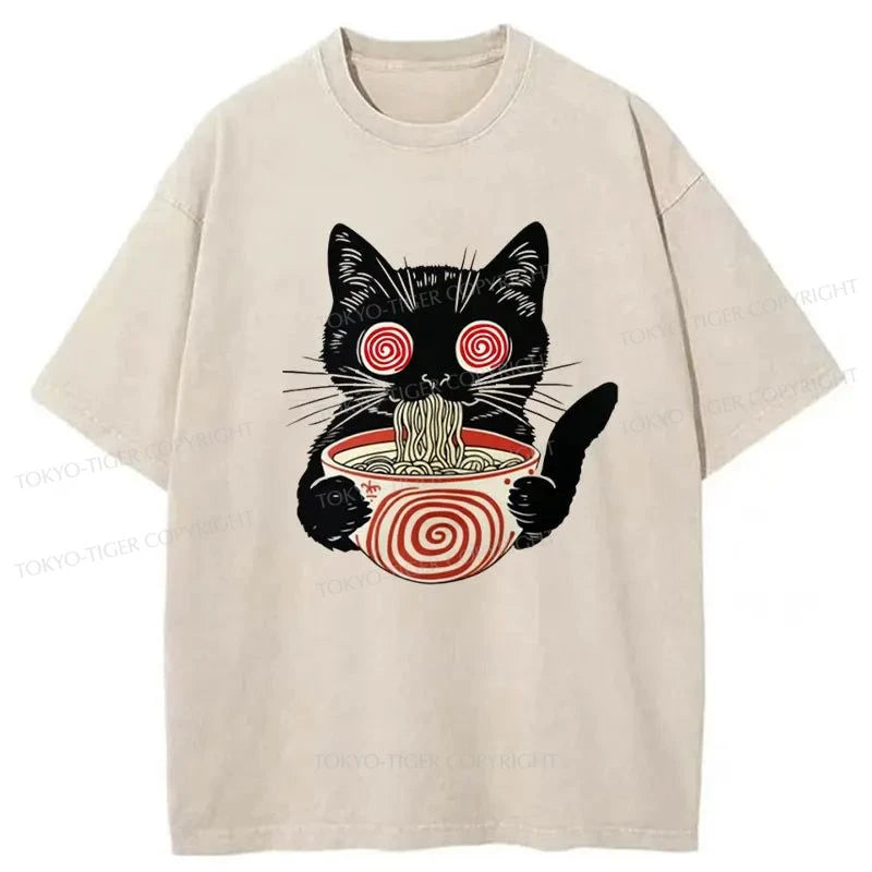 men's long-sleeve t-shirts -Tokyo-Tiger Confused Cat Eating Ramen Washed T-Shirt