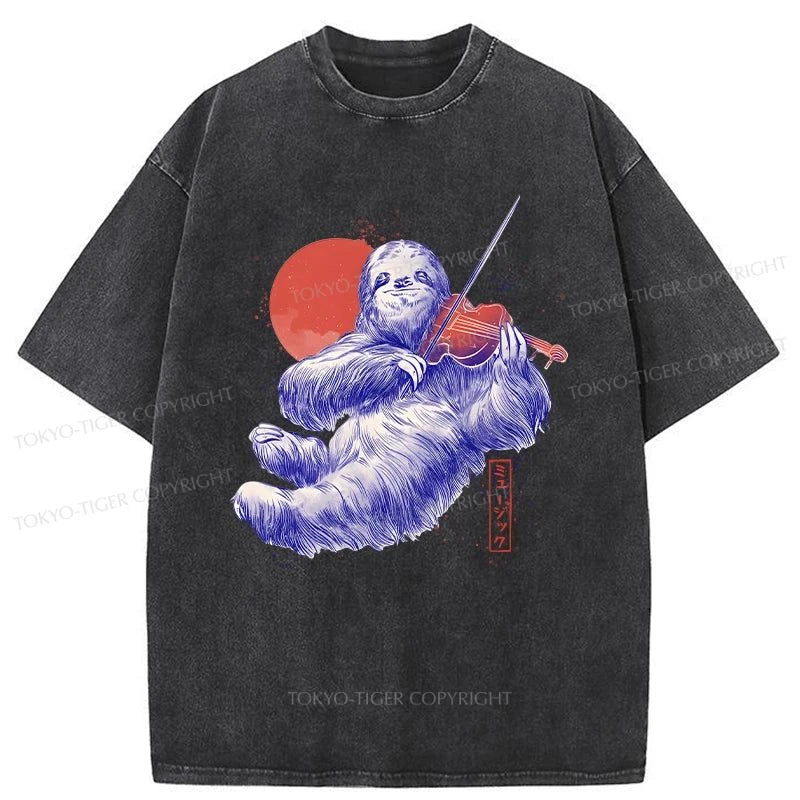 men's short sleeve fashion t-shirts -Tokyo-Tiger Cute Musician Sloth Washed T-Shirt