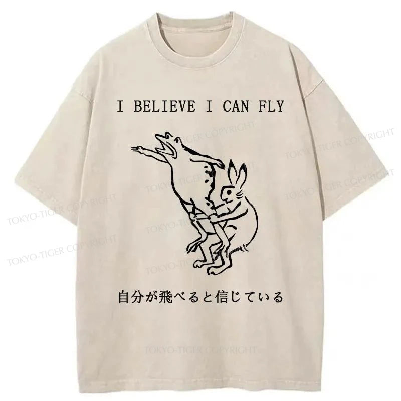 men's t-shirts for daily wear -Tokyo-Tiger I Believe I Can Fly Japanese Washed T-Shirt