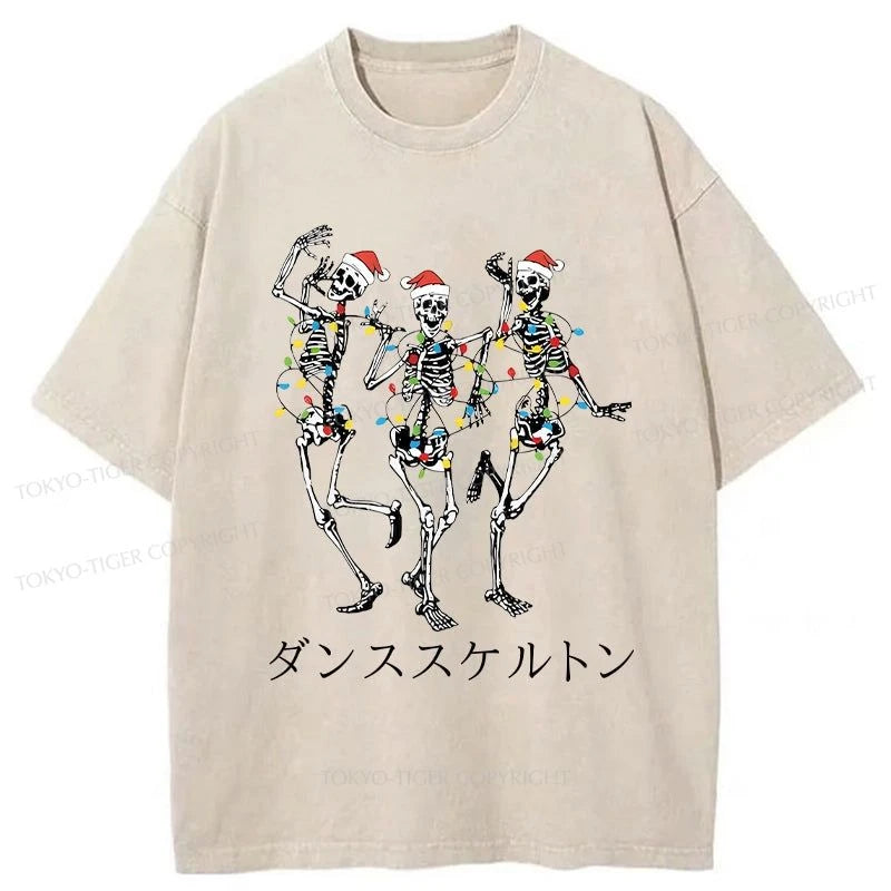 men's graphic vintage t-shirts -Tokyo-Tiger Skeleton Dancing Christmas Washed T-Shirt