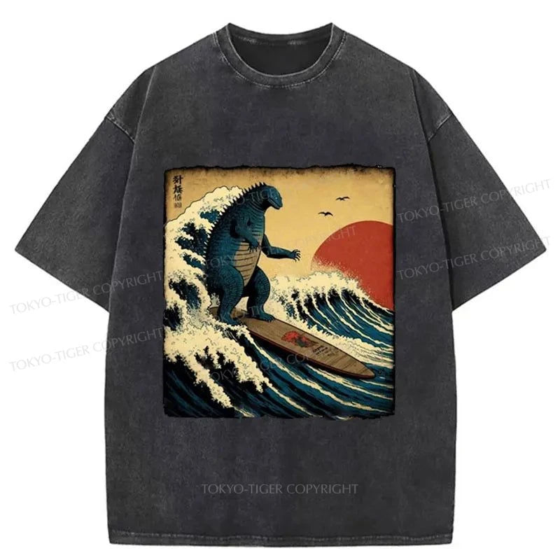 men's vintage print t-shirts -Tokyo-Tiger The Great Wave Washed T-Shirt