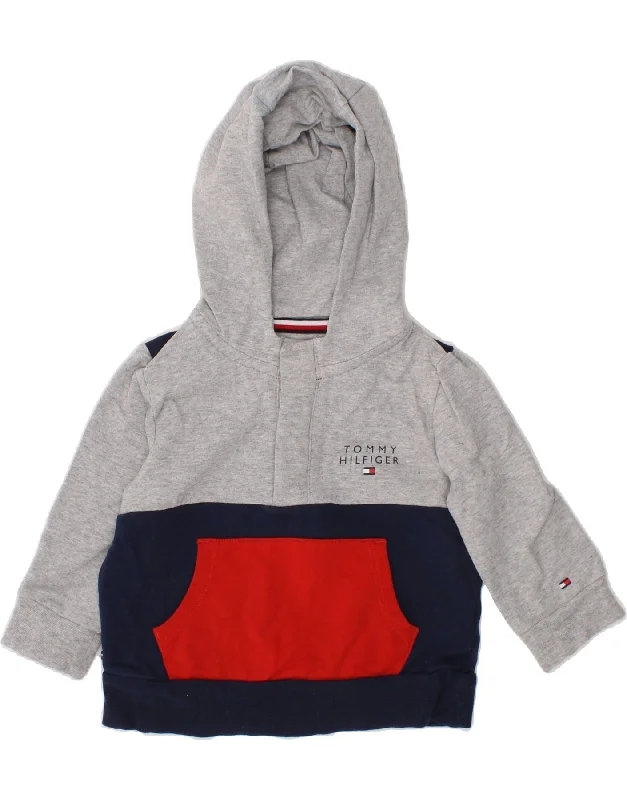 men's casual zip-up sweatshirts -TOMMY HILFIGER Baby Boys Button Neck Hoodie Jumper 6-9 Months Grey