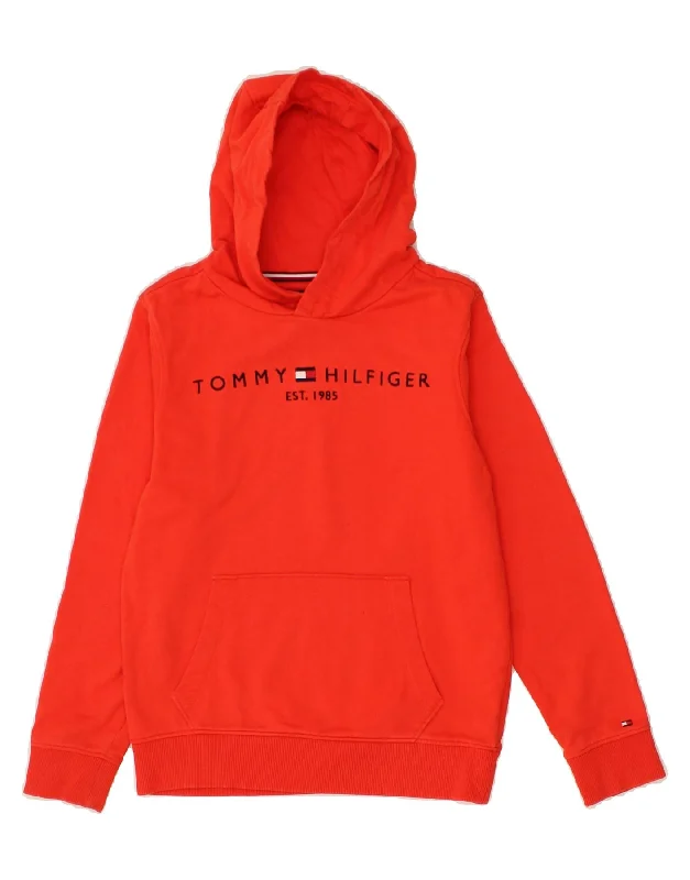 men's hoodie for outdoor activities -TOMMY HILFIGER Boys Graphic Hoodie Jumper 11-12 Years Orange Cotton