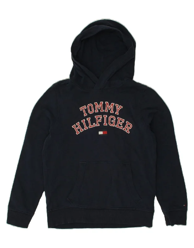 men's hoodie with zip pockets -TOMMY HILFIGER Boys Graphic Hoodie Jumper 13-14 Years Navy Blue Cotton