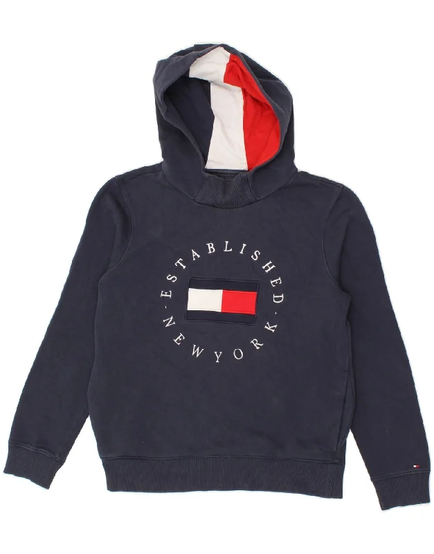 men's hoodie sweatshirt -TOMMY HILFIGER Boys Graphic Hoodie Jumper 13-14 Years Navy Blue Cotton