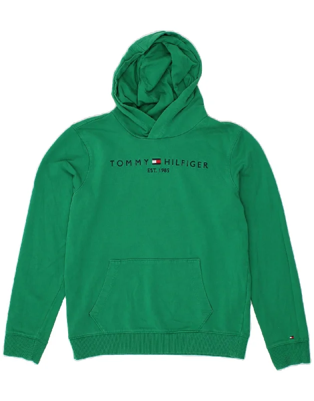 men's plain hoodies -TOMMY HILFIGER Boys Graphic Hoodie Jumper 15-16 Years Green Cotton