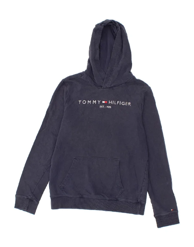 men's sporty sweatshirts -TOMMY HILFIGER Boys Graphic Hoodie Jumper 15-16 Years Navy Blue Cotton