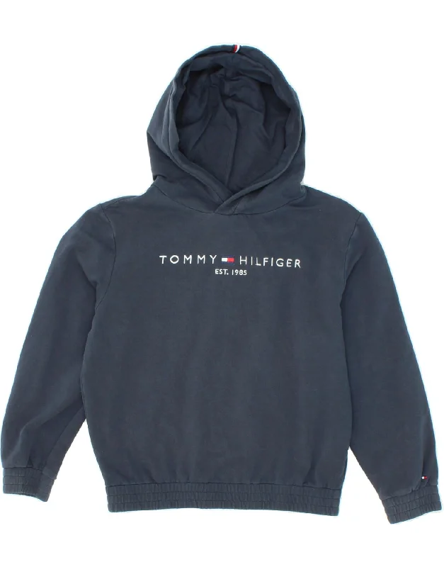 men's hoodie for warmth -TOMMY HILFIGER Girls Graphic Hoodie Jumper 11-12 Years Navy Blue Cotton