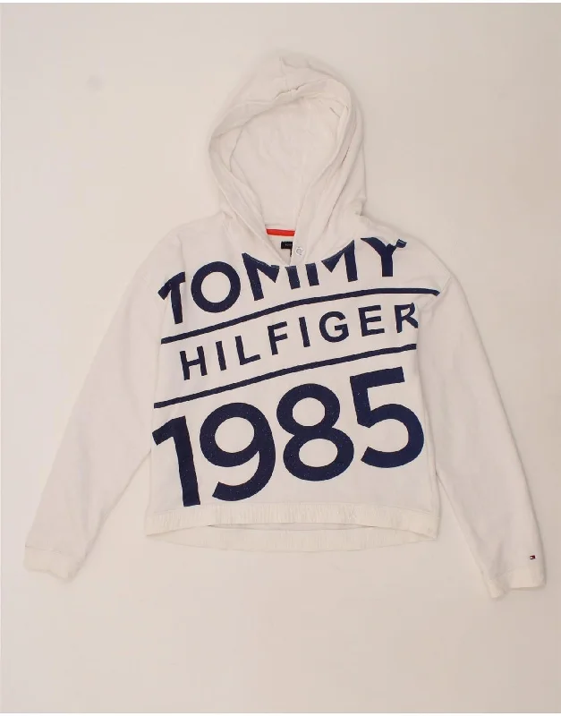 men's hoodie for outdoor activities -TOMMY HILFIGER Girls Graphic Hoodie Jumper 15-16 Years XL White Cotton