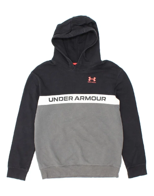 men's hoodies with quotes -UNDER ARMOUR Boys Graphic Hoodie Jumper 13-14 Years XL Grey Colourblock