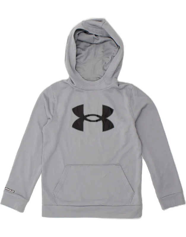 men's pullover hoodie with pockets -UNDER ARMOUR Boys Graphic Hoodie Jumper 9-10 Years Medium Grey Polyester