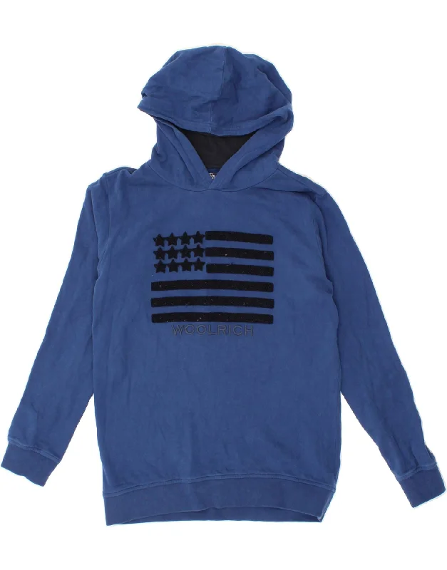 men's hoodie for gym workouts -WOOLRICH Boys Graphic Hoodie Jumper 13-14 Years Blue Cotton