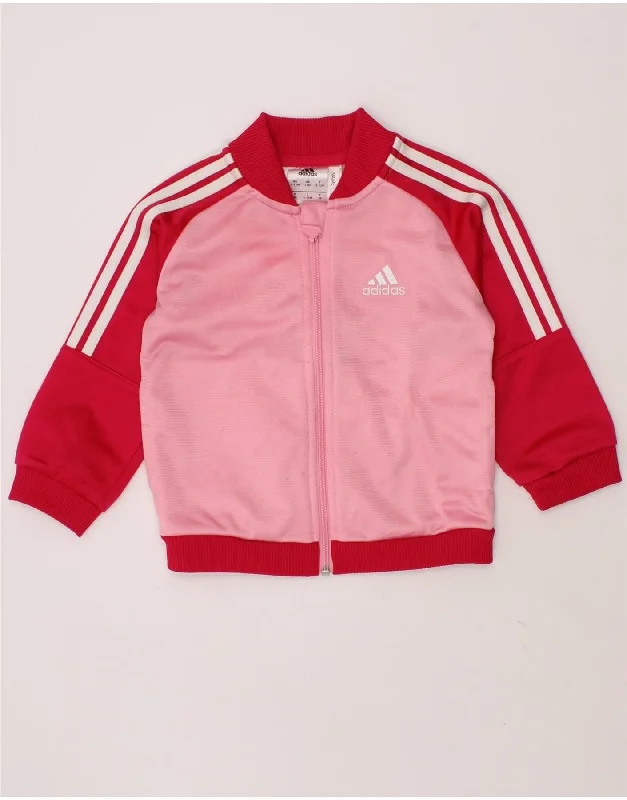 men's leather biker jackets -ADIDAS Baby Girls Tracksuit Top Jacket 9-12 Months Pink Colourblock