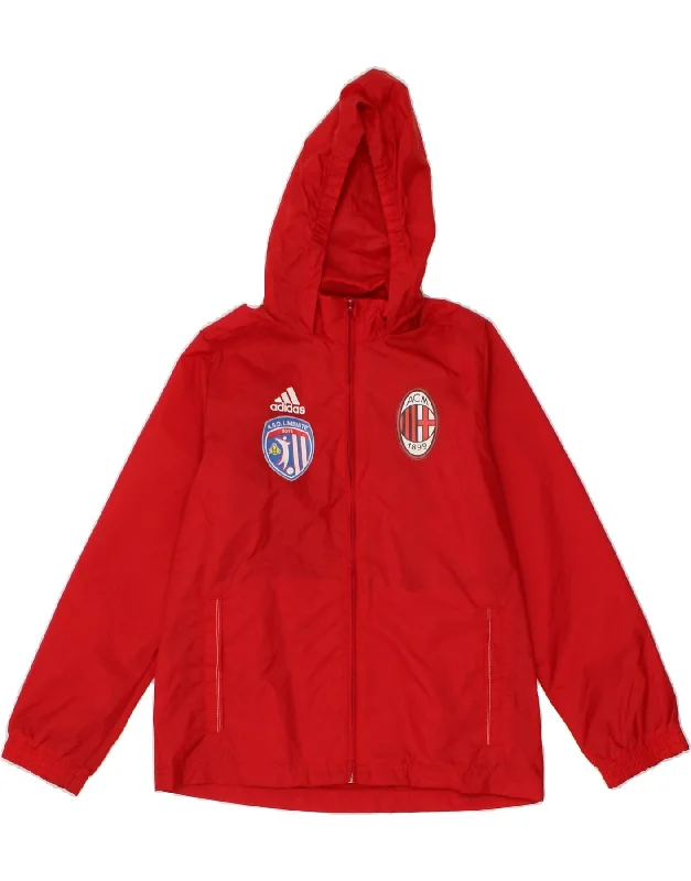 men's packable rain jackets -ADIDAS Boys AC Milan Hooded Rain Jacket 9-10 Years Red Polyester