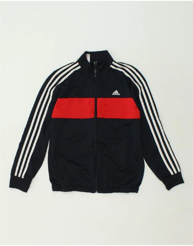 men's work jackets -ADIDAS Boys Graphic Tracksuit Top Jacket 13-14 Years Navy Blue Colourblock